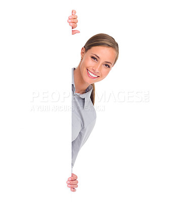 Buy stock photo Woman, smile and studio with mockup for poster on white background in business, company and marketing. Female person, entrepreneur and happiness with display in copy space for advertise and sales