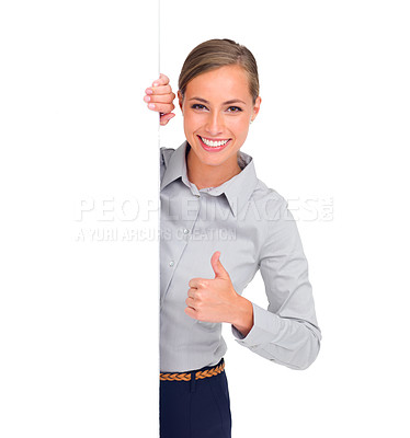 Buy stock photo Happy woman, portrait and thumbs up with mockup space or banner for advertising against a white studio background. Isolated female person smile and thumb emoji, yes sign or like for business approval