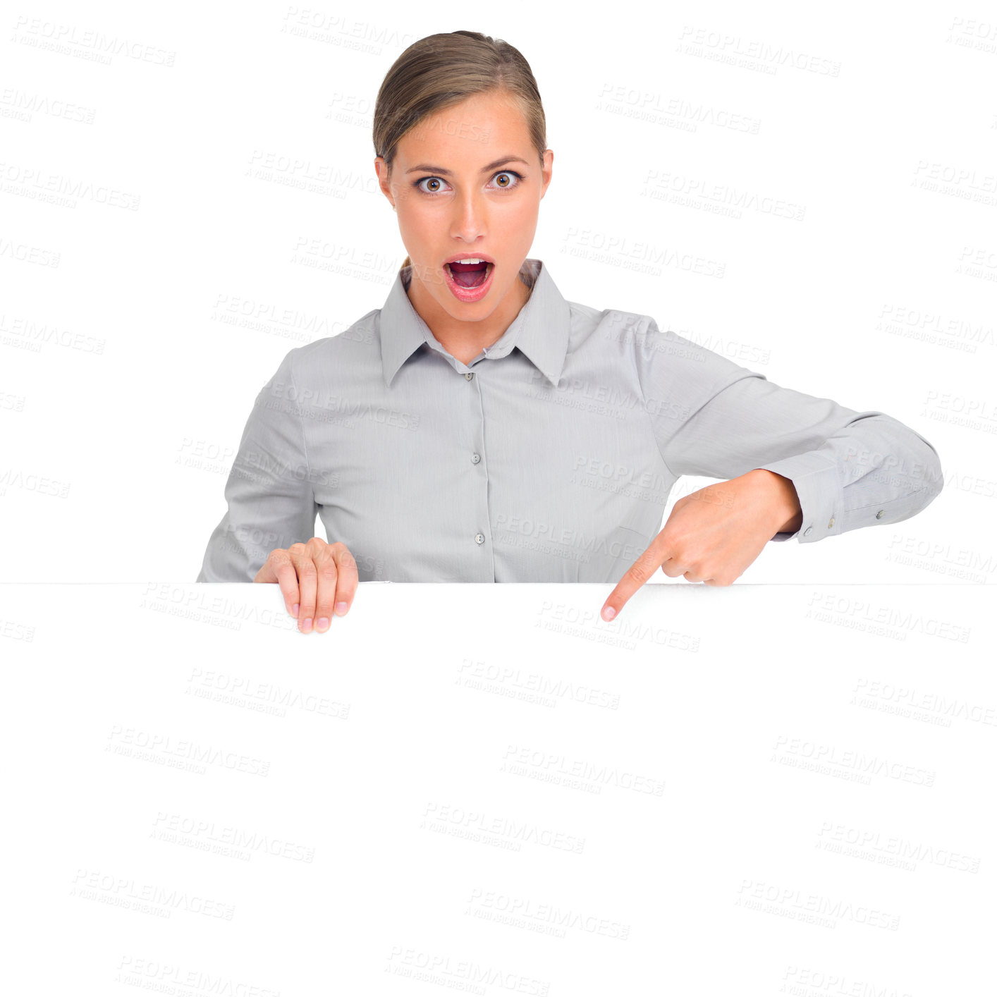 Buy stock photo Woman, mockup and studio with pointing at poster with wow for business marketing and company on white background. Female person, entrepreneur and promote with copy space for display and branding