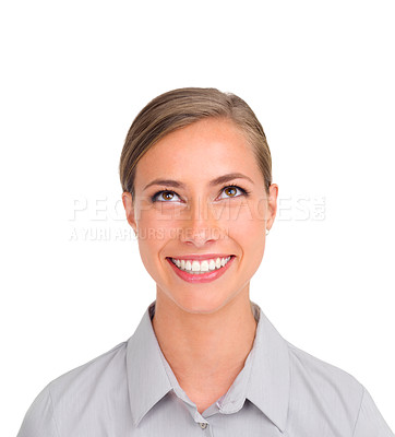 Buy stock photo Woman, vision and smile for idea, studio and closeup in thought, thinking and accountant for business. Professional female person, happy and startup for white background, career and shirt style