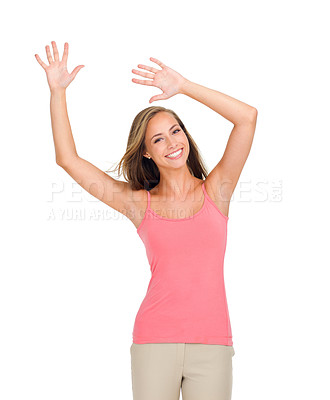 Buy stock photo Smile, portrait and woman with dance in studio for success, celebration and giveaway winner. Female person, excited and face with happiness for promotion, bonus or discount on white background