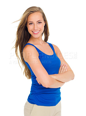Buy stock photo Portrait, smile and trendy with woman arms crossed in studio isolated on white background. Fashion, happy and confidence with young person in vest or tank top to model casual clothing outfit