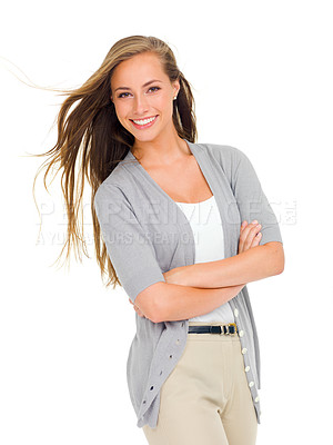 Buy stock photo Fashion, portrait and woman with arms crossed in studio for confidence, good mood or attitude on white background. Clothes, face and female model with elegant outfit choice, smile or posing happy