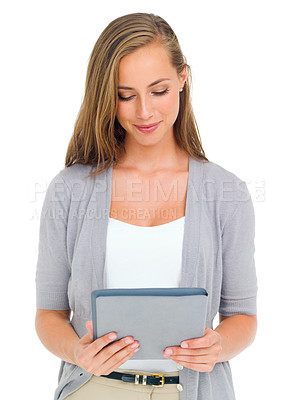 Buy stock photo Woman, smile and reading for tablet, mockup and studio for scrolling and browsing for internet. Female person, white background and happy for digital, technology and social media for ecommerce  