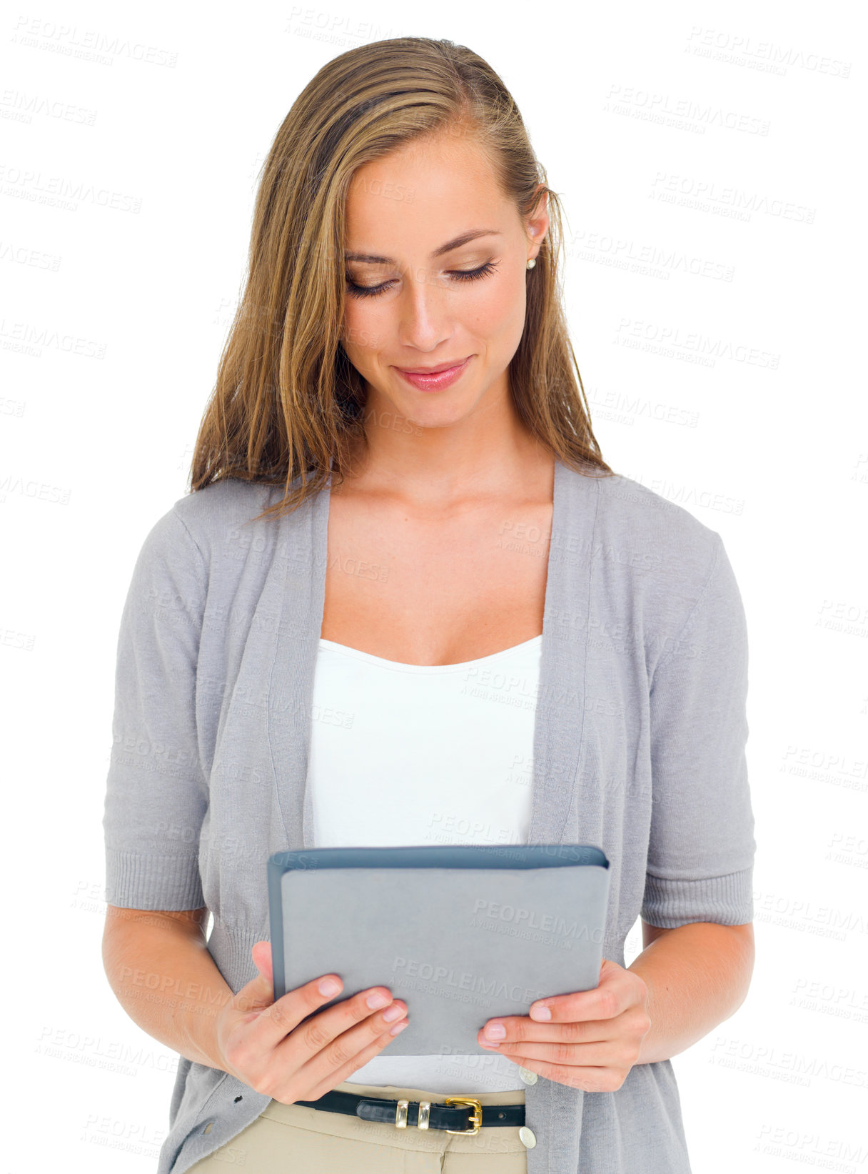 Buy stock photo Woman, smile and reading for tablet, mockup and studio for scrolling and browsing for internet. Female person, white background and happy for digital, technology and social media for ecommerce  