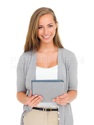 Buy stock photo Woman, smile and portrait for tablet, fashion and studio for scrolling and digital online for design. Female person, white background and happy for browsing, technology and social media network 