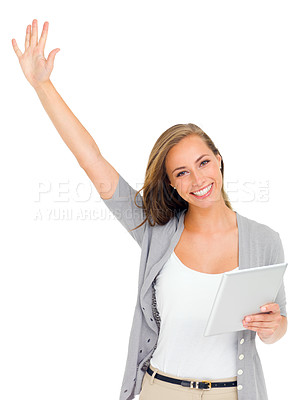 Buy stock photo Smile, tablet and portrait of happy woman in studio excited for sign up, deal or offer on white background. Digital, winner or female model face with hand up celebration for online, giveaway or prize