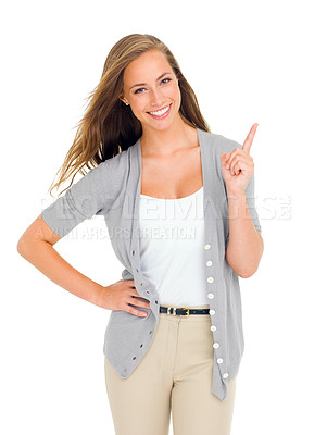 Buy stock photo Portrait, smile and woman with hand pointing in studio for announcement, news or promo on white background. Happy, face and female model show deal, announcement or offer, opinion or service choice