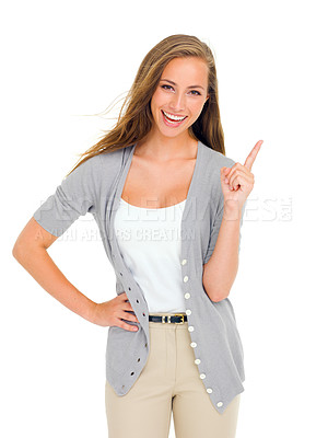 Buy stock photo Smile, portrait and woman with hand pointing in studio for announcement, news or promo on white background. Happy, face and female model show deal, announcement or offer, opinion or service choice