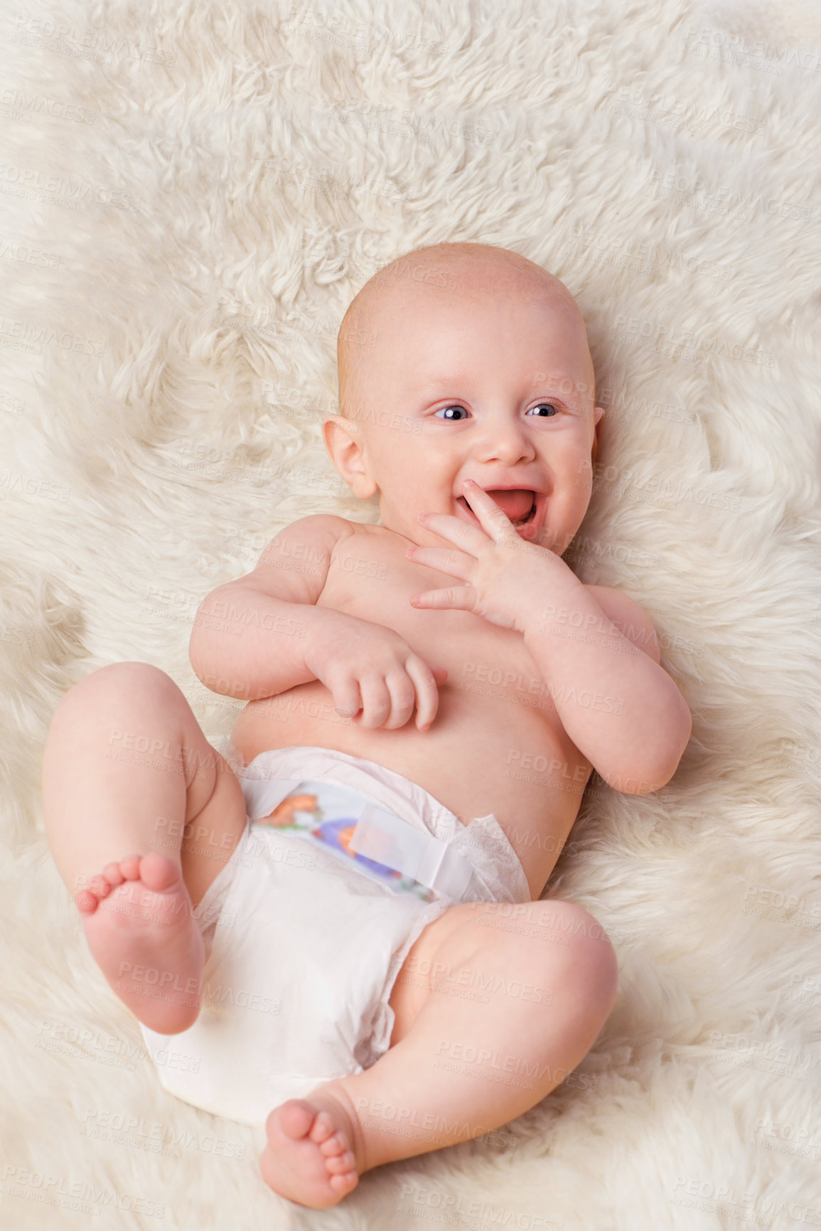 Buy stock photo Happy baby, diaper and laugh in bedroom, furry blanket and playtime in cute for child development. Infant, kid and wellness for playing, adorable and positive on rug in house for home and toddler fun