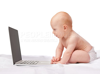 Buy stock photo Baby, laptop and studio for entertainment, fun and games in child development and online technology. Kid, happy and newborn for home, diaper and white background for playful and watch screen