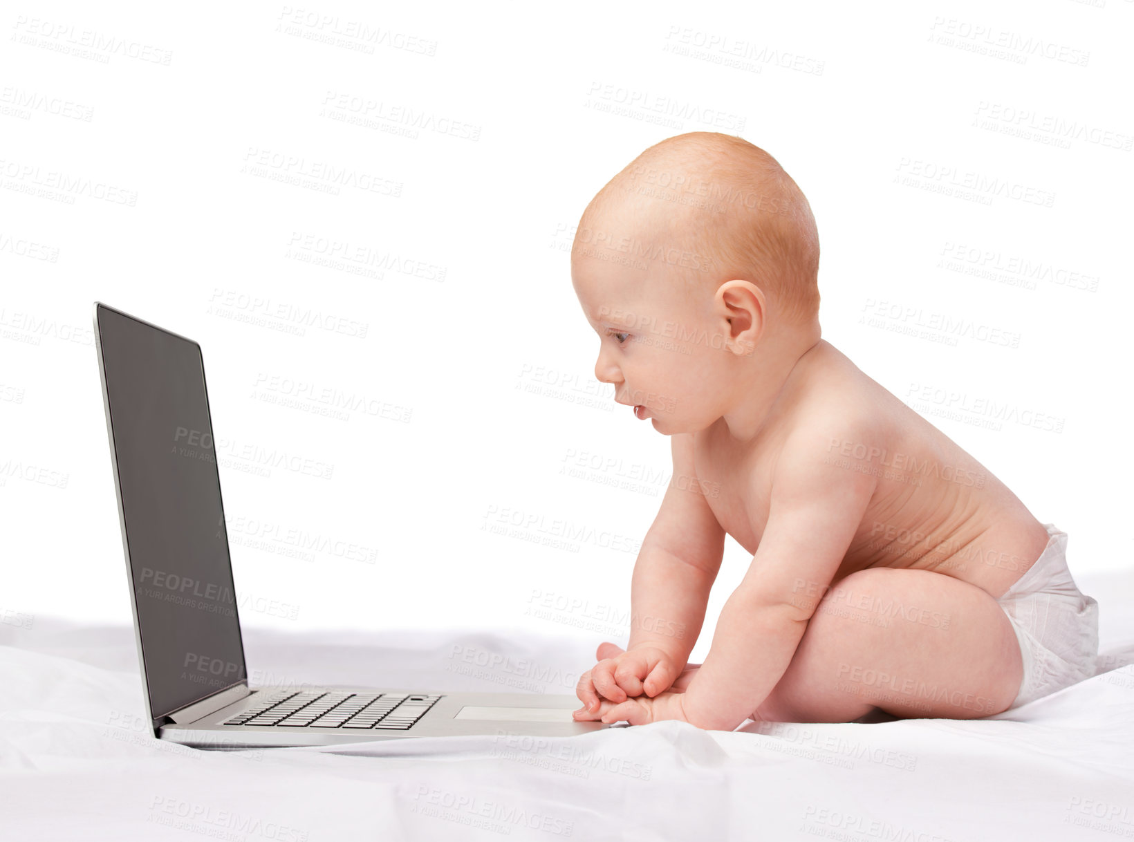 Buy stock photo Baby, laptop and studio for entertainment, fun and games in child development and online technology. Kid, happy and newborn for home, diaper and white background for playful and watch screen