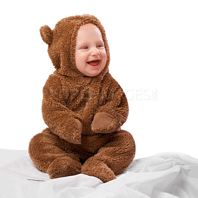 Buy stock photo Studio, toddler and onesie with costume, bear and child with joy and fun. Baby, newborn and happiness with adorable, comfort and dressed up infant for development isolated on white background