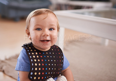 Buy stock photo Boy, baby and smile in portrait at home, joy and curious or relax in living room on floor. Child development, happy kid and calm or comfortable, wellness and toddler for health and positive growth