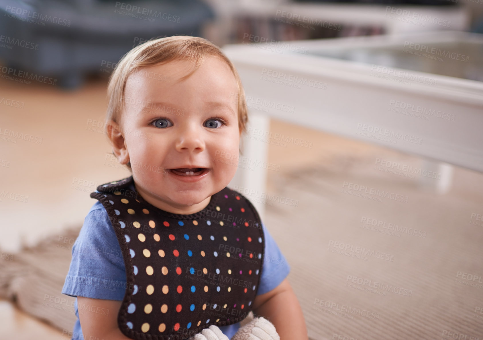 Buy stock photo Boy, baby and smile in portrait at home, joy and curious or relax in living room on floor. Child development, happy kid and calm or comfortable, wellness and toddler for health and positive growth