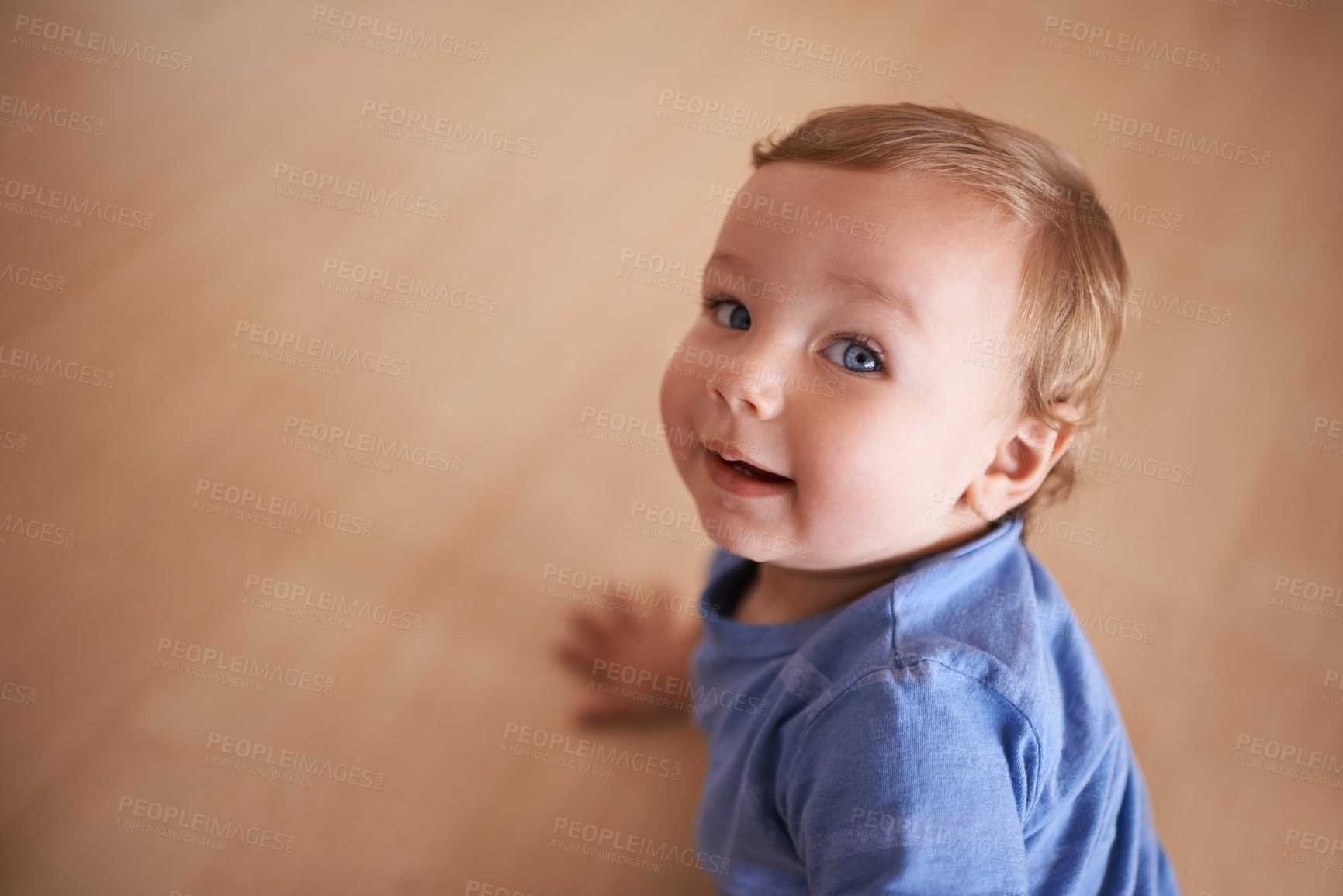 Buy stock photo Boy, baby and smile for curiosity on floor, joy and kid to relax in living room on weekend. Child development, happy toddler and calm or comfortable, wellness and mockup space for health and growth