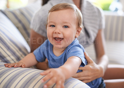 Buy stock photo Parent, portrait or baby in home for playing, happiness and bonding in a family house in living room. Relax, boy or face of a toddler with mom, love or smile for child development, wellness or growth