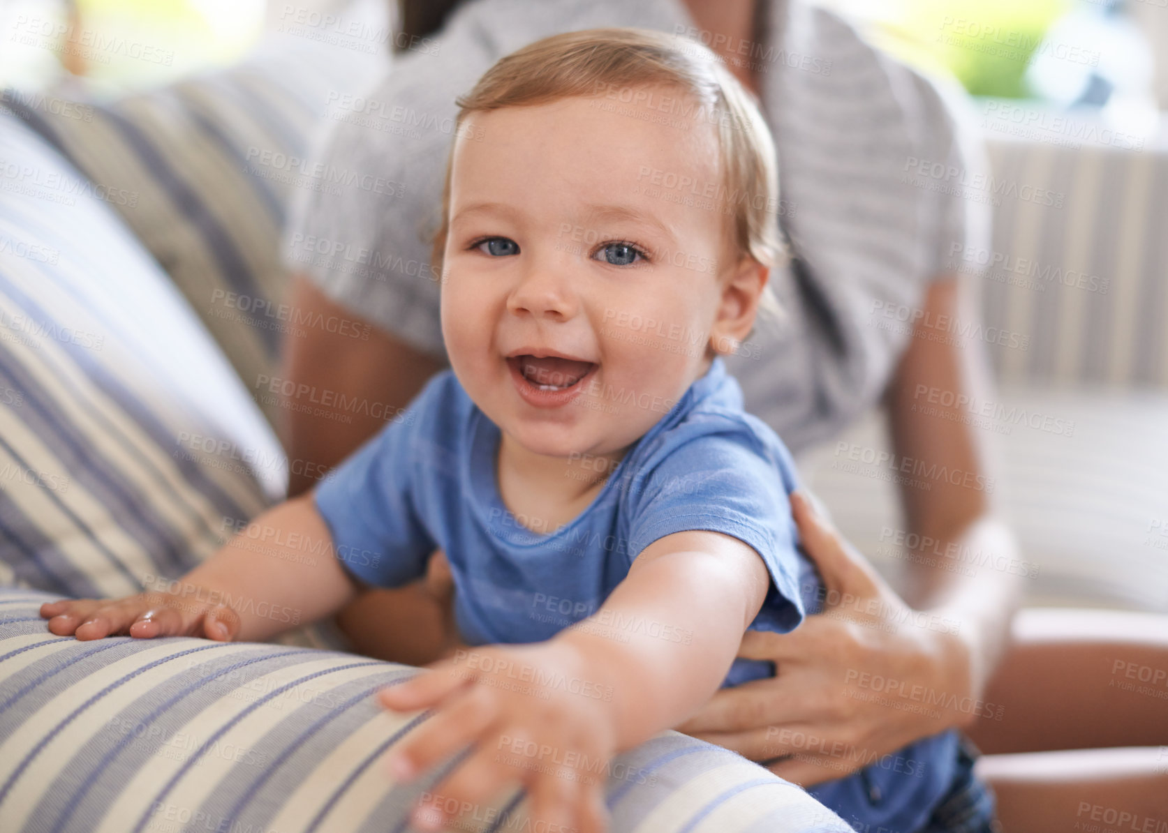 Buy stock photo Parent, portrait or baby in home for playing, happiness and bonding in a family house in living room. Relax, boy or face of a toddler with mom, love or smile for child development, wellness or growth