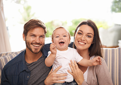 Buy stock photo Parents, happy family or portrait of baby on sofa in home for support, security or bonding in living room. Relax, boy or toddler with mom or father for love or care for child development or growth