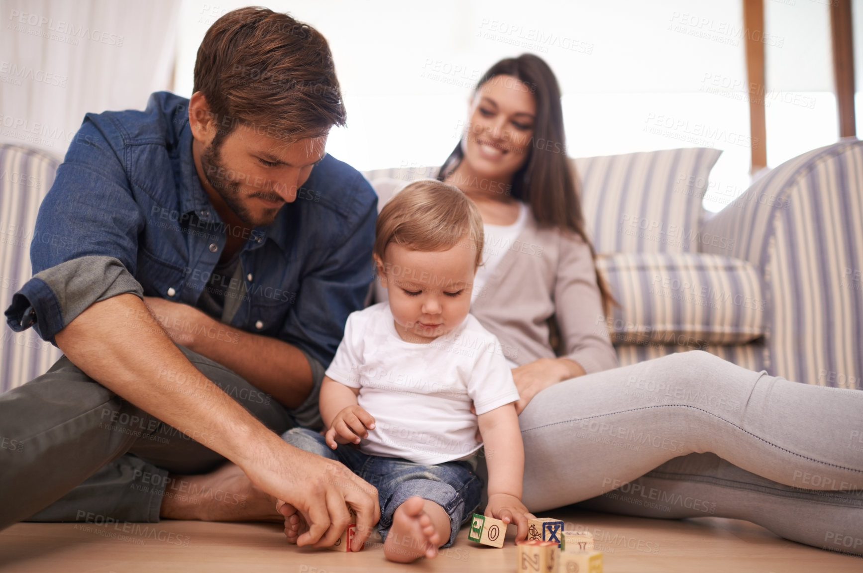 Buy stock photo Father, baby and building blocks on floor, support and growth or development toys for teaching play in living room. Happy family, dad or interactive game for child or learning of motor skills in home
