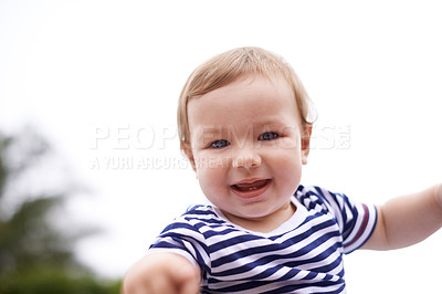 Buy stock photo Boy, baby and smile for curiosity in outdoors, joy and kid to relax by sky or nature. Child development, happy toddler and calm or comfortable, wellness and weekend for health and positive growth