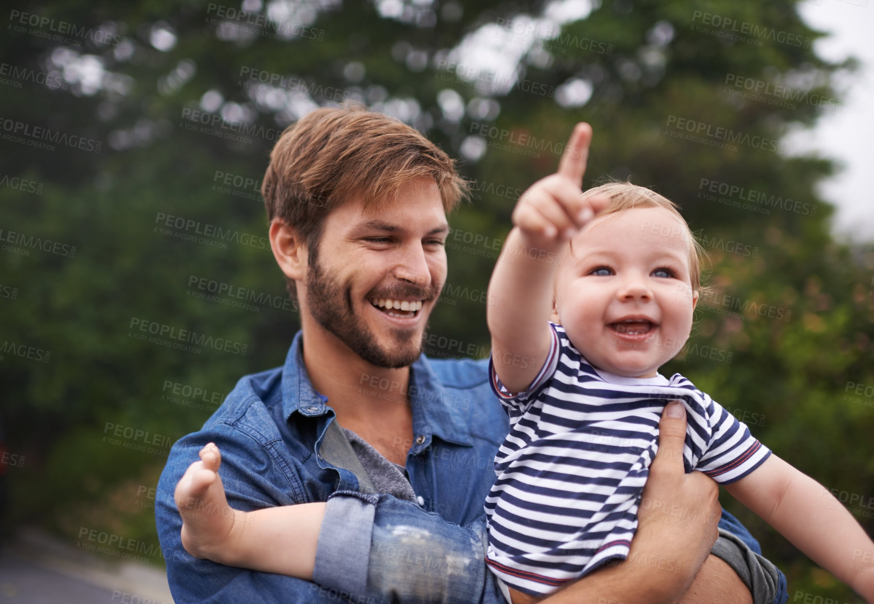 Buy stock photo Happy family, father and baby boy in outdoor with pointing, love or playing in nature for fun with view. Care, dad or son in park for bonding together, fun or support for child growth or development