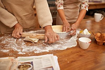 Buy stock photo Hands, dough and people baking in kitchen of home together closeup with ingredients for recipe. Cooking, food or flour with baker and chef in apartment for fresh pastry preparation from above