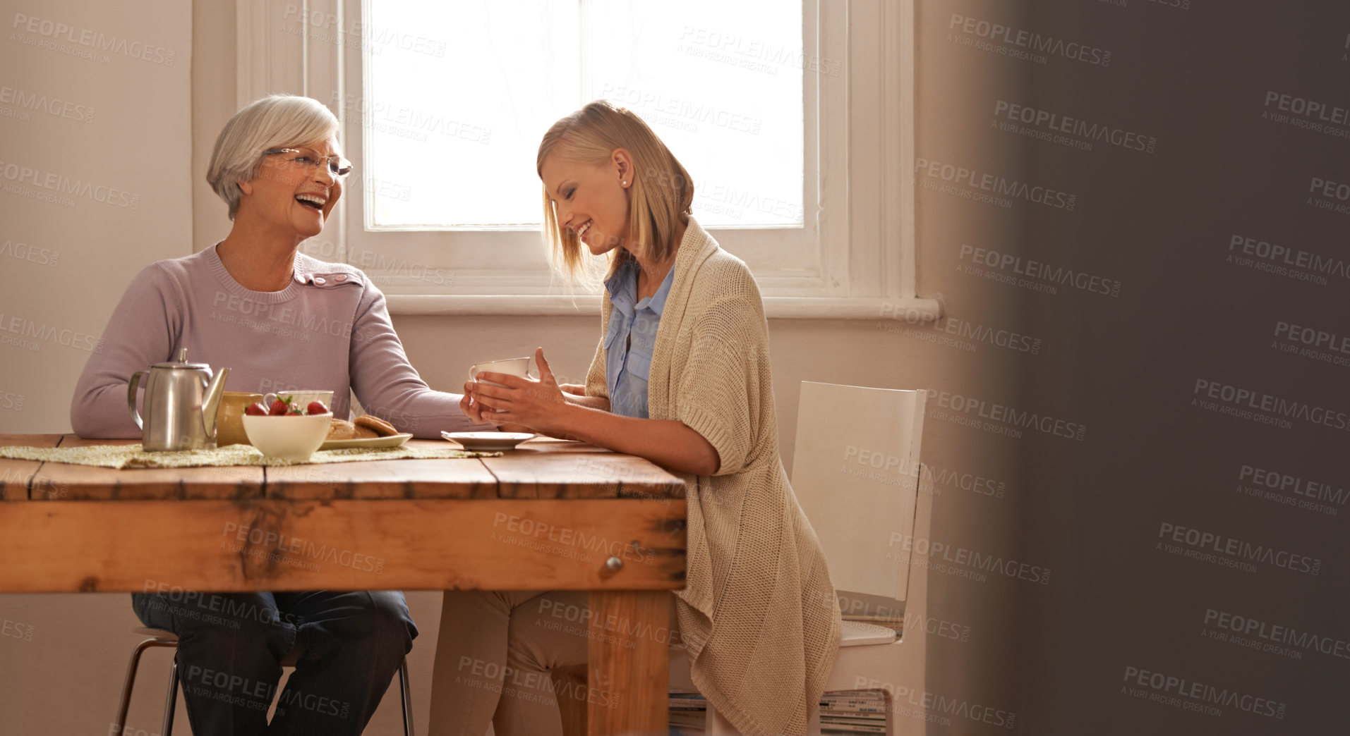 Buy stock photo Cropped shot of an attractive young woman visiting her gran for tea