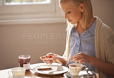 Buy stock photo Woman, breakfast and toast to relax for self care, wellbeing and wellness for nutrition at home. Female person, me time and morning routine for nutritious healthy food, meal and diet for energy
