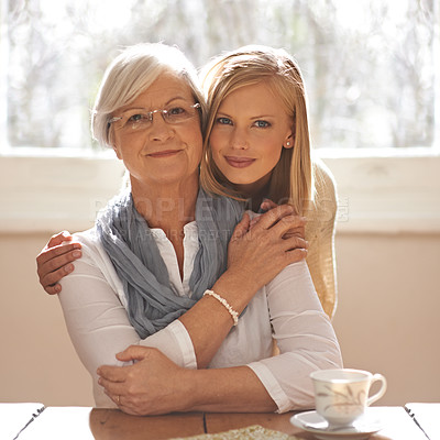Buy stock photo Grandparent, grandchild and happiness for bonding in portrait at nursing home for visit and conversation with love. Grandma, woman and together with affection or care, family and embrace with hug