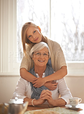 Buy stock photo Grandma, grandchild and happiness with care in portrait at nursing home for visit and conversation with love. Mature woman, person and together for bonding with affection, family and embrace with hug