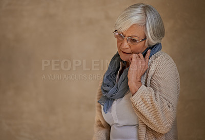 Buy stock photo Senior woman, phone call and communication on tech, talking and app for conversation in home. Elderly female person, contact and connection or voip for chat, networking and mockup space in Egypt 