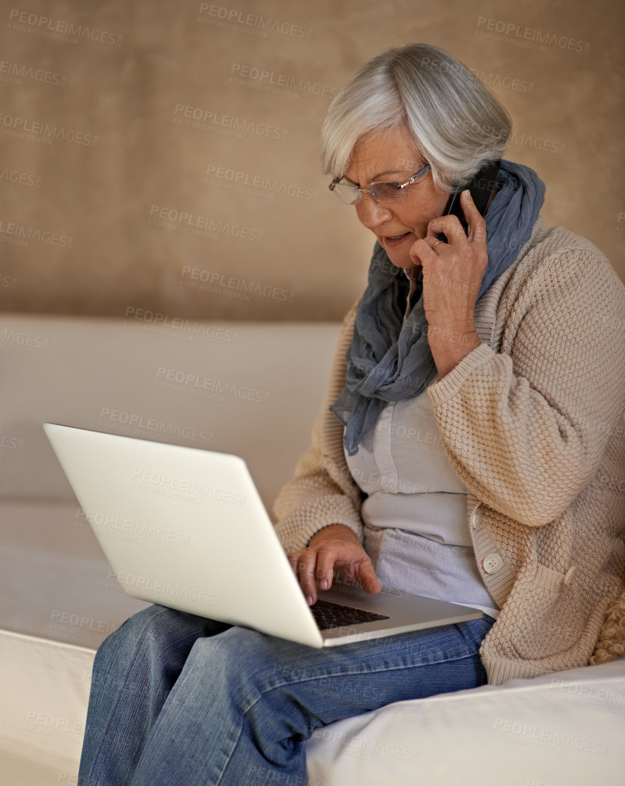 Buy stock photo Senior woman, phone call and communication on laptop, contact and help for browsing on website. Elderly female person, internet and conversation while online shopping, home and chat in retirement