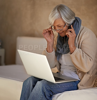 Buy stock photo Senior woman, phone call and confused on laptop, contact and help for browsing on website. Elderly female person, internet and conversation while online shopping, home and assistance in retirement