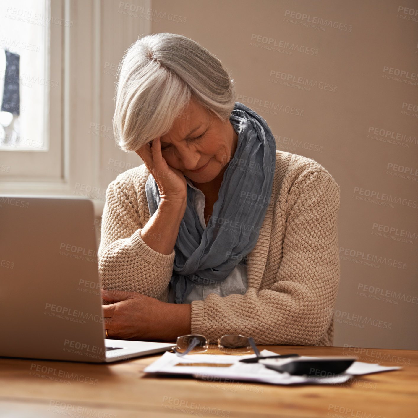 Buy stock photo Senior woman, stress and laptop for bills in home, worry and paperwork for tax return or insurance. Elderly female person, frustrated and documents for retirement plan, fail and mistake in budget