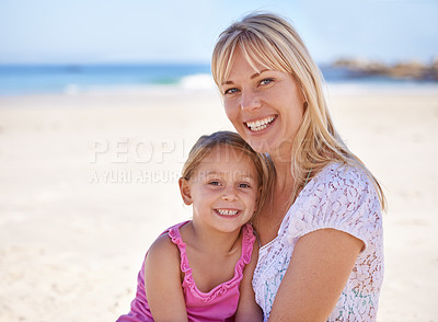 Buy stock photo Portrait, mom and happy child on beach for holiday, summer or kid on vacation to relax in nature. Face, mother or smile of girl at ocean on adventure, travel or family bonding together outdoor by sea