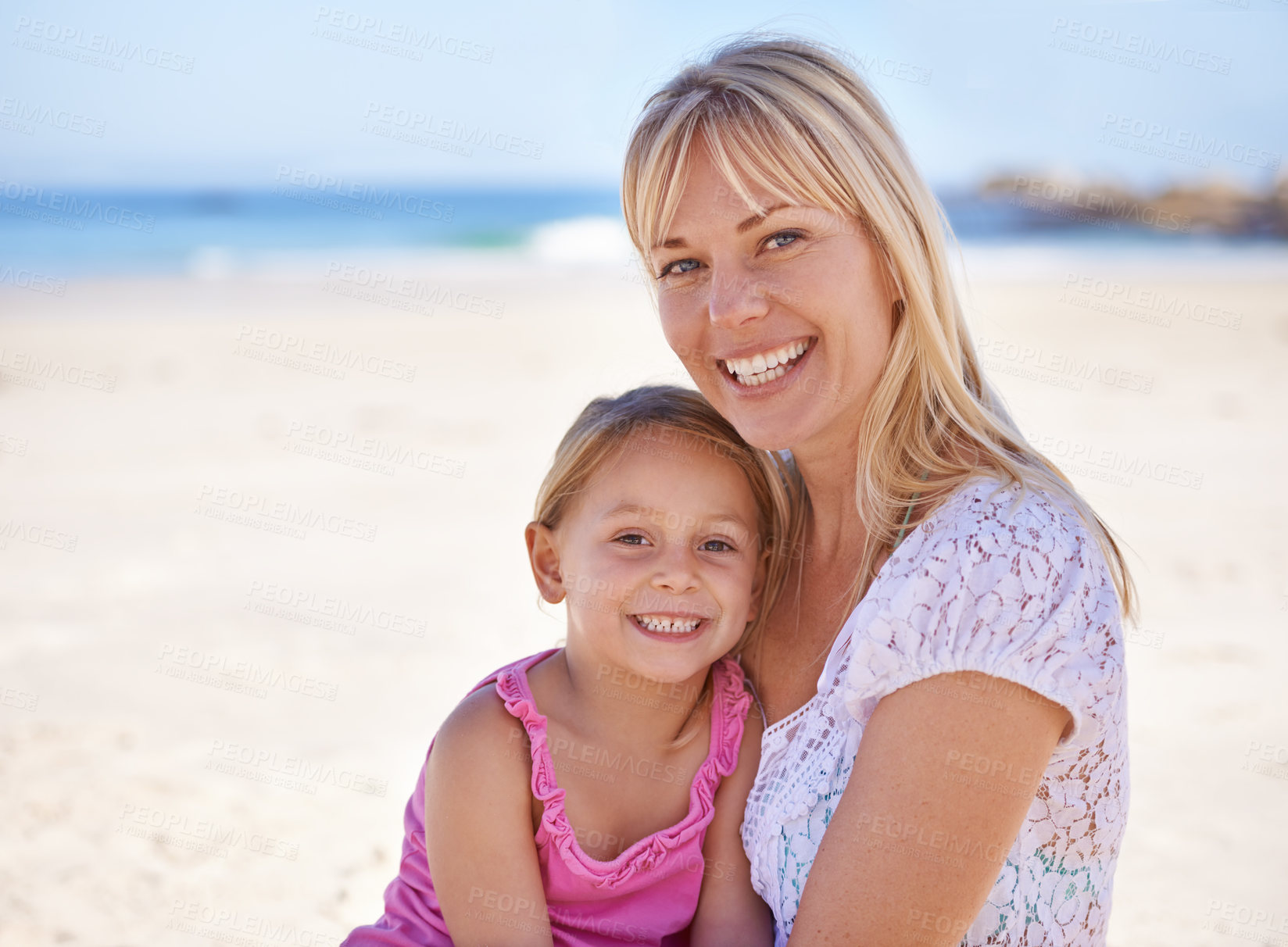 Buy stock photo Portrait, mom and happy child on beach for holiday, summer or kid on vacation to relax in nature. Face, mother or smile of girl at ocean on adventure, travel or family bonding together outdoor by sea