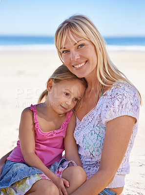 Buy stock photo Portrait, mom and happy kid on beach for holiday, summer or child on vacation to relax in nature. Face, mother or smile of girl at ocean on adventure, travel or family bonding together outdoor by sea