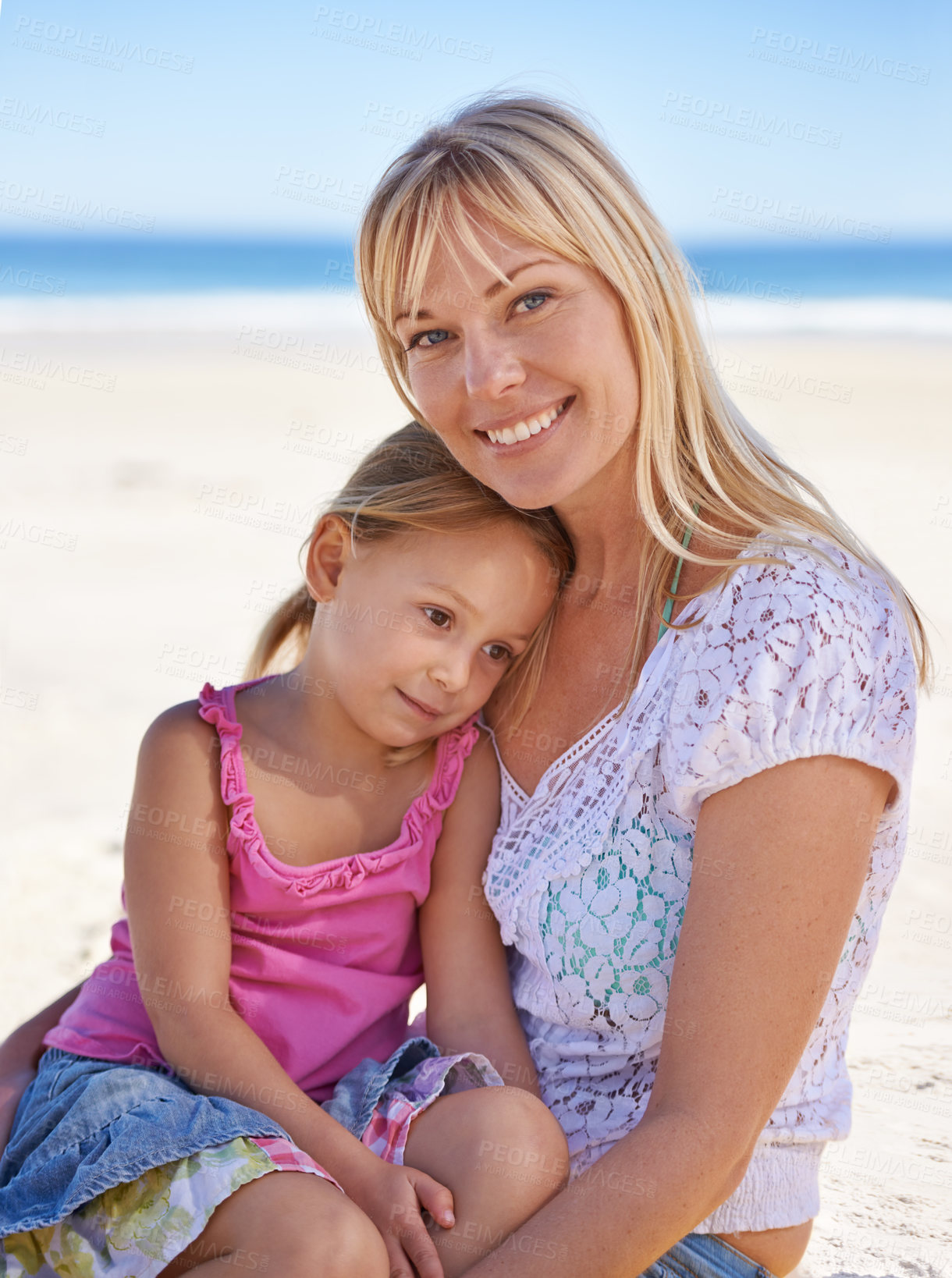 Buy stock photo Portrait, mom and happy kid on beach for holiday, summer or child on vacation to relax in nature. Face, mother or smile of girl at ocean on adventure, travel or family bonding together outdoor by sea