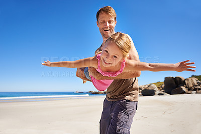 Buy stock photo Happy father, beach and flying with child for fun summer, holiday or outdoor weekend together in nature. Dad, little girl or playing with daughter for freedom in sun by the ocean coast with blue sky