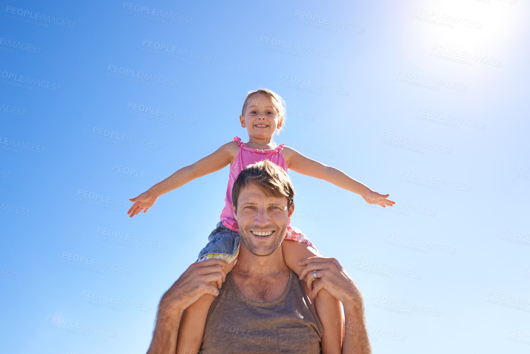 Buy stock photo Portrait, airplane or father and daughter at a beach with love, fun or support on blue sky background. Freedom, piggyback and dad with girl in nature for summer games, travel or flying shoulder games