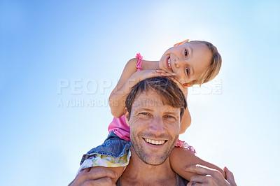 Buy stock photo Portrait, man and shoulder to carry girl for family, game and bonding together on summer day. Blue sky, father and young female child for fun play, happiness and sunshine on vacation in Australia
