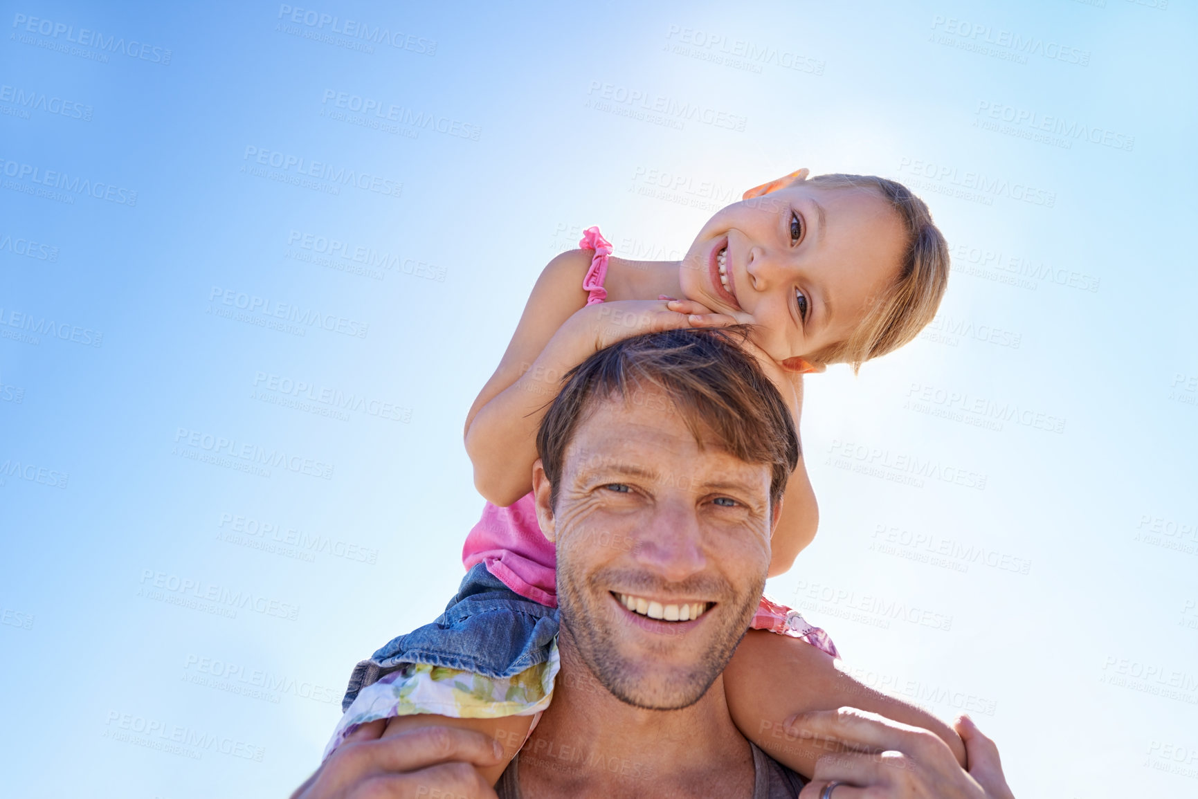 Buy stock photo Portrait, man and shoulder to carry girl for family, game and bonding together on summer day. Blue sky, father and young female child for fun play, happiness and sunshine on vacation in Australia