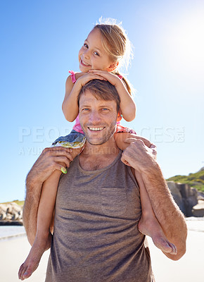 Buy stock photo Portrait, man and shoulder to carry girl child for family, game and bonding together on sunny day. Blue sky, father and young daughter for fun walk, happiness and sunshine on vacation in USA