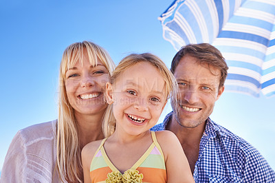 Buy stock photo Happy family, portrait at beach and parents with kid for travel, holiday in Sydney for summer and happy together. Man, woman and young girl with adventure, trust and support with bonding outdoor