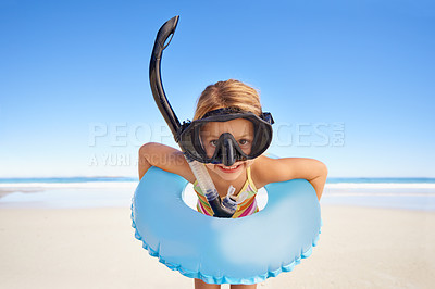 Buy stock photo Portrait, beach and child with goggles and inflatable gear for swimming, summer holiday and happy outdoor adventure. Face of kid excited standing by the ocean or sea water excited for vacation