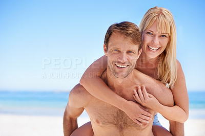 Buy stock photo Portrait, piggyback and couple hug at a beach with support, gratitude and bonding in nature together. Travel, face and people embrace at sea with love for adventure, romance or summer fun in Jakarta