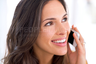 Buy stock photo Woman, phone call and communication with contact, smile and chat with connectivity, technology and mobile user. Good news, information and happy conversation, smartphone and network with positivity