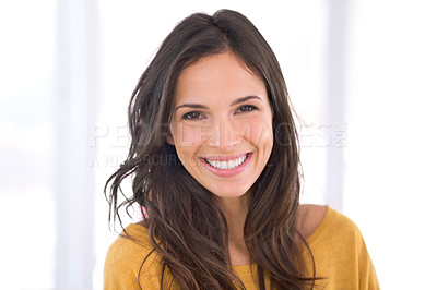 Buy stock photo Portrait, smile or happy woman in home to relax in living room on holiday in hotel, house or apartment. Face, proud or female person with peace, wellness or confidence on break to rest for alone time
