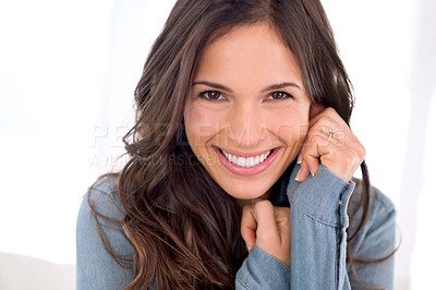 Buy stock photo Home, natural skincare or portrait of happy woman with healthy face, wellness or beauty results. Relax, lady and confident female person with smile, glow or smooth skin with cosmetic dermatology 